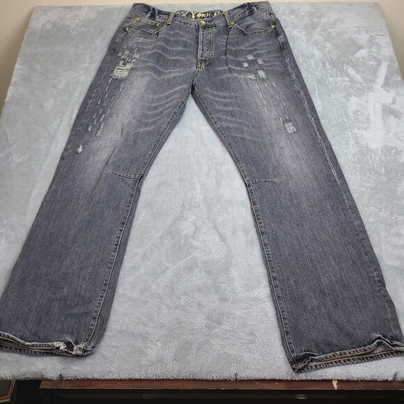 Ed Hardy Denim‎ embroidered black panther head patch leopard jean 40x34 Y2K Rare - Picture 1 of 12